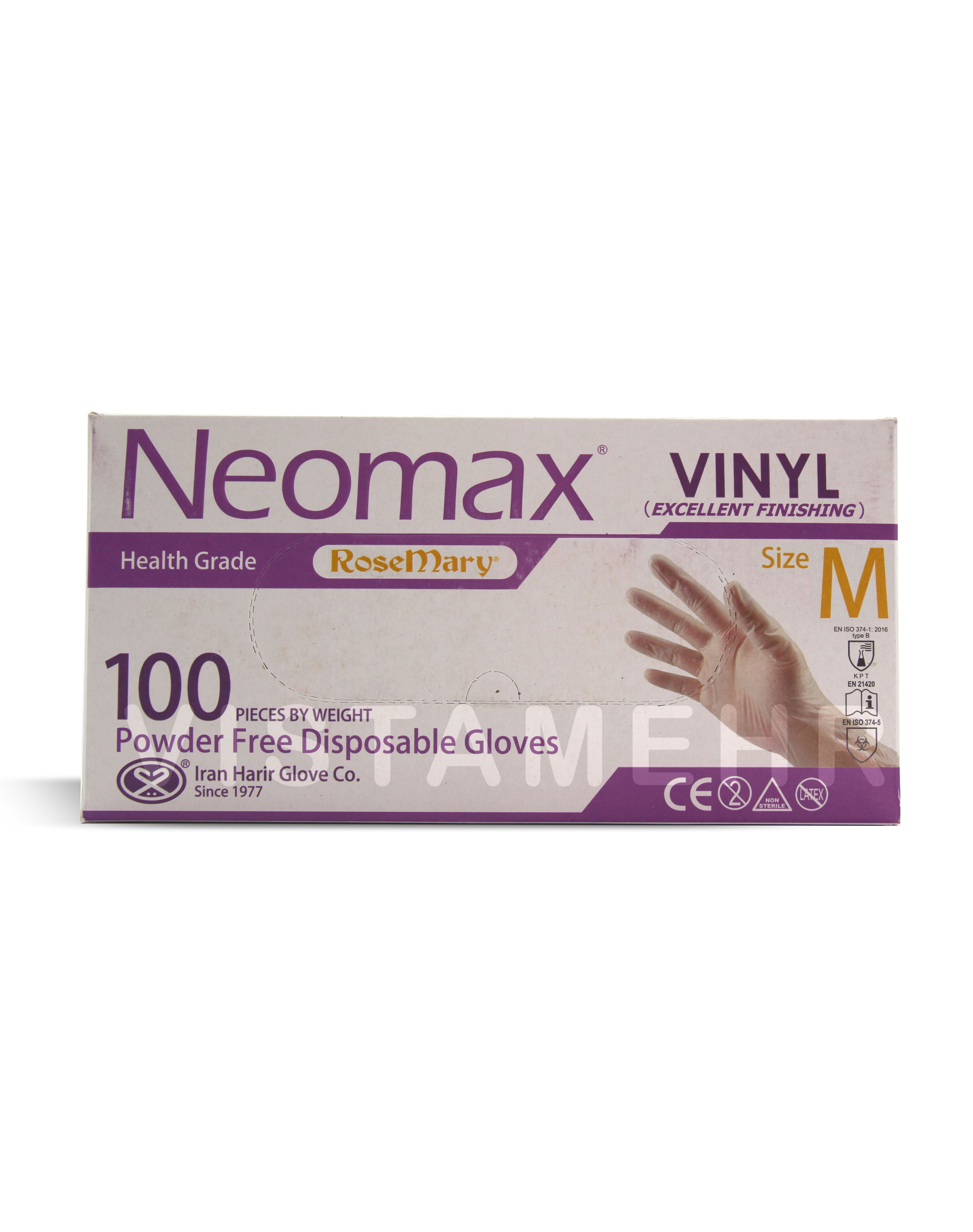 دستکش وینیل بدون پودر نئومکس سایز متوسط M بسته 100 عددی NEOMAX