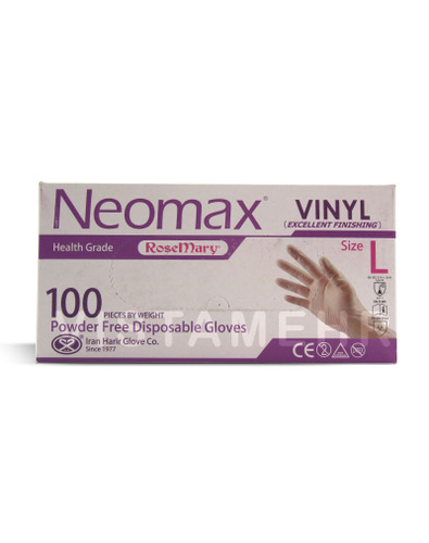 دستکش وینیل بدون پودر نئومکس سایز بزرگ L بسته 100 عددی NEOMAX