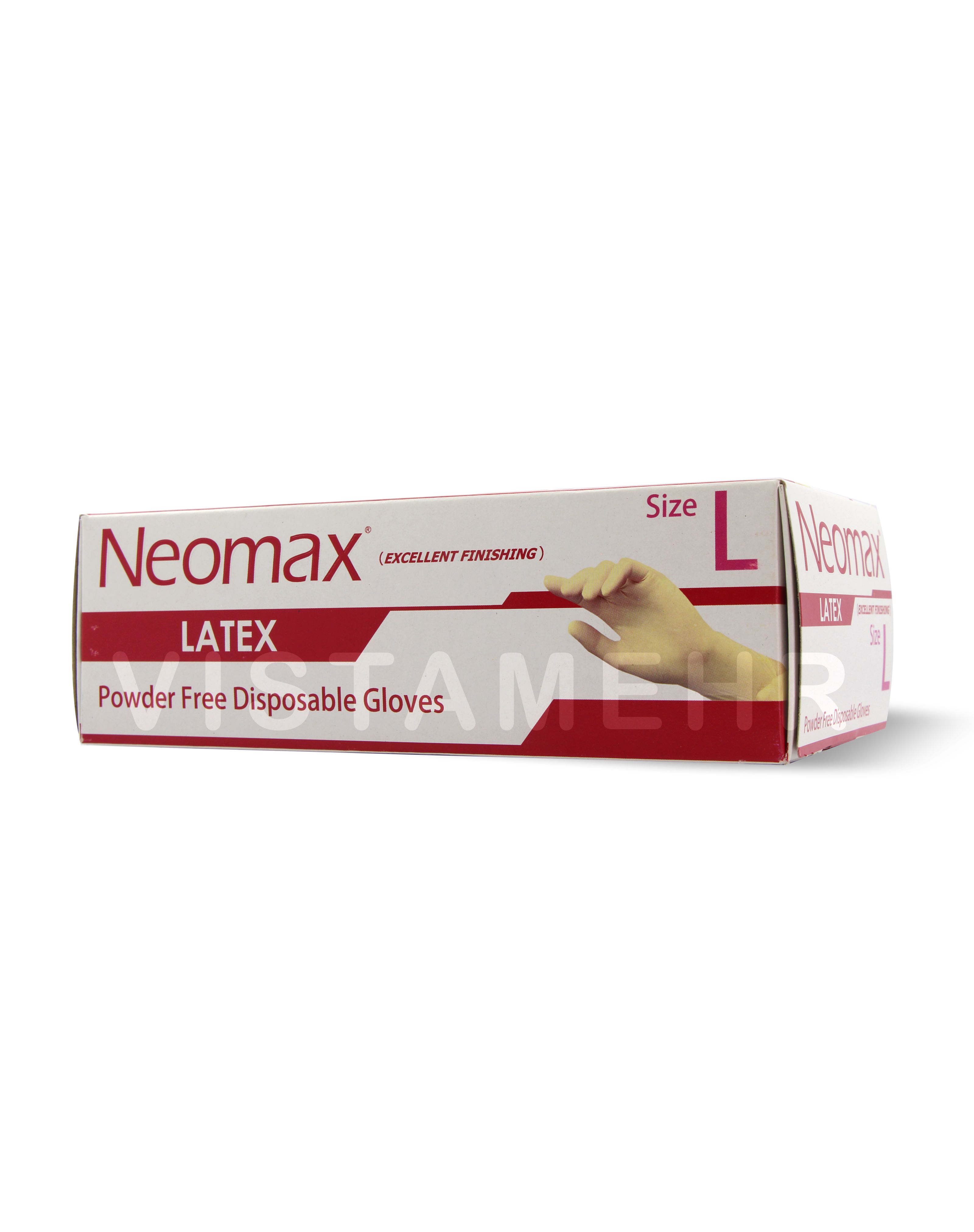 دستکش لاتکس بدون پودر نئومکس سایز بزرگ L بسته 100 عددی NEOMAX
