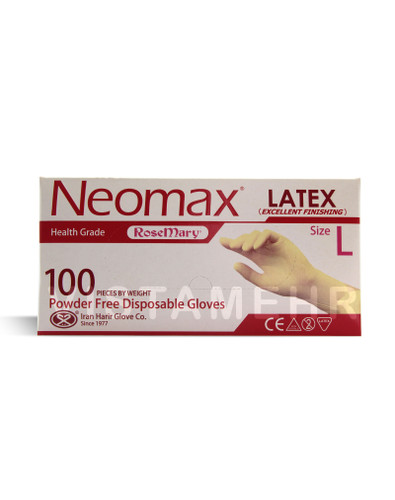 دستکش لاتکس بدون پودر نئومکس سایز بزرگ L بسته 100 عددی NEOMAX