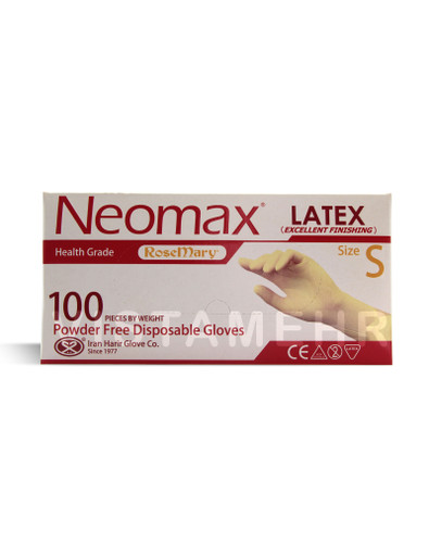 دستکش لاتکس بدون پودر نئومکس سایز کوچک S بسته 100 عددی NEOMAX