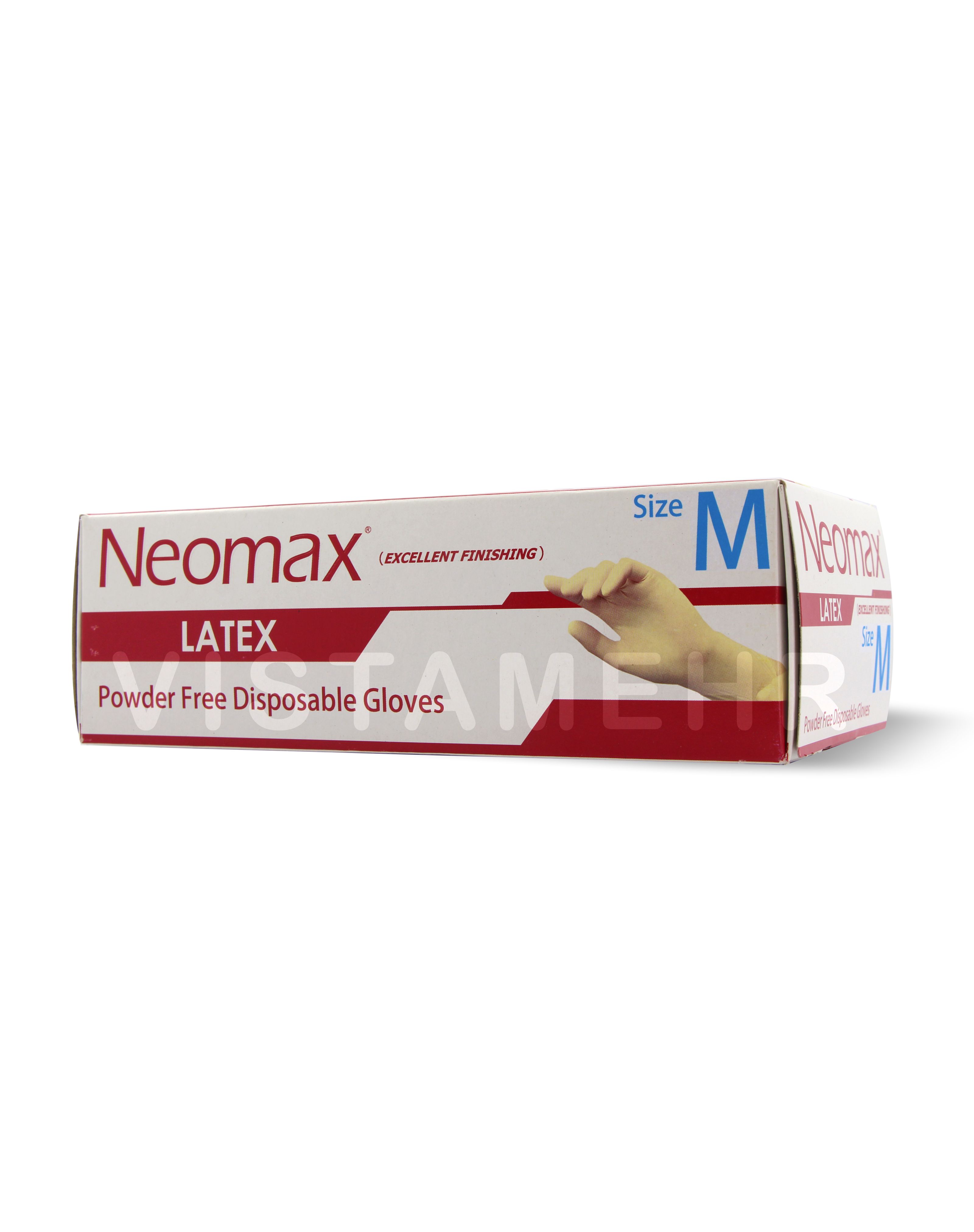 دستکش لاتکس بدون پودر نئومکس سایز متوسط M بسته 100 عددی NEOMAX