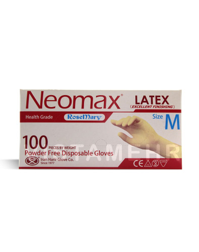 دستکش لاتکس بدون پودر نئومکس سایز متوسط M بسته 100 عددی NEOMAX